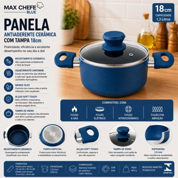 CO2316424-1 Panela Antiaderente Cerâmica com Tampa 18cm - Azul
