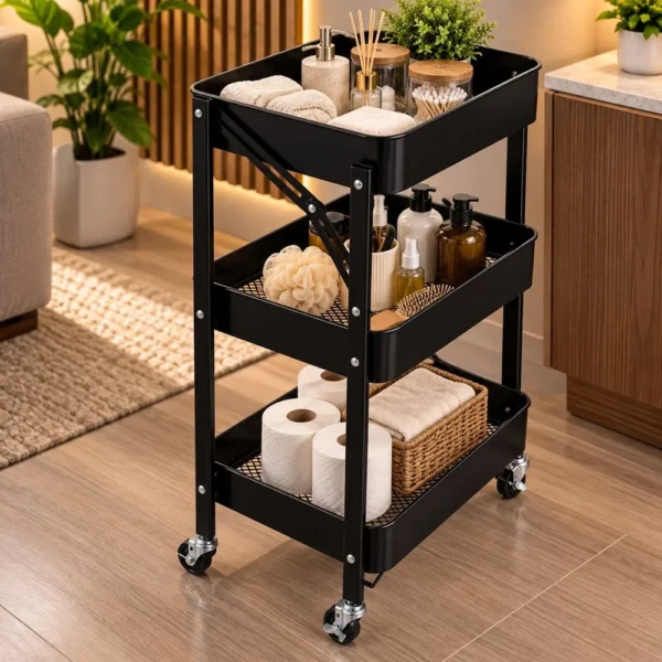 CO2322647-1 Organizador Multiuso 3 Andares com Rodinhas Fruteira Prateleira -Preta