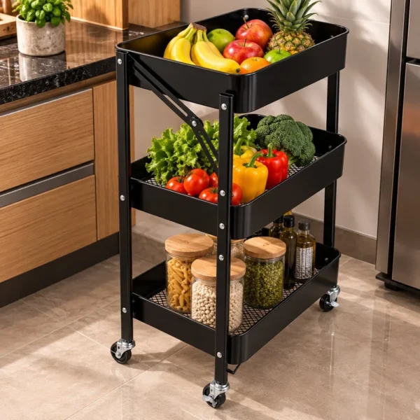 CO2322647-3 Organizador Multiuso 3 Andares com Rodinhas Fruteira Prateleira -Preta - 3