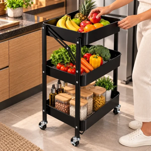 CO2322647-5 Organizador Multiuso 3 Andares com Rodinhas Fruteira Prateleira -Preta - 5