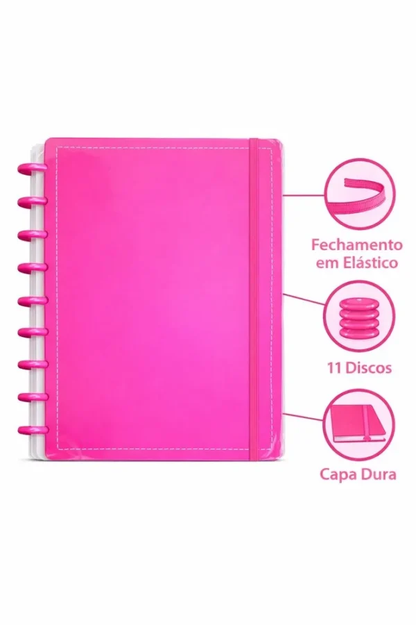 Caderno Inteligente Disco Grande Ping G 60 Folhas Reposicionáveis Capa Dura Rosa Elástico - 2