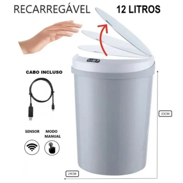 Lixeira Automática Redonda 12 Litros com Sensor Cinza - 2