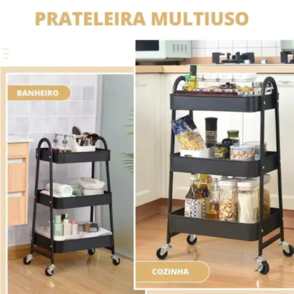 GH210-2 Prateleira de Metal Multiuso 3 Andares Com Rodinhas - Preto - 2