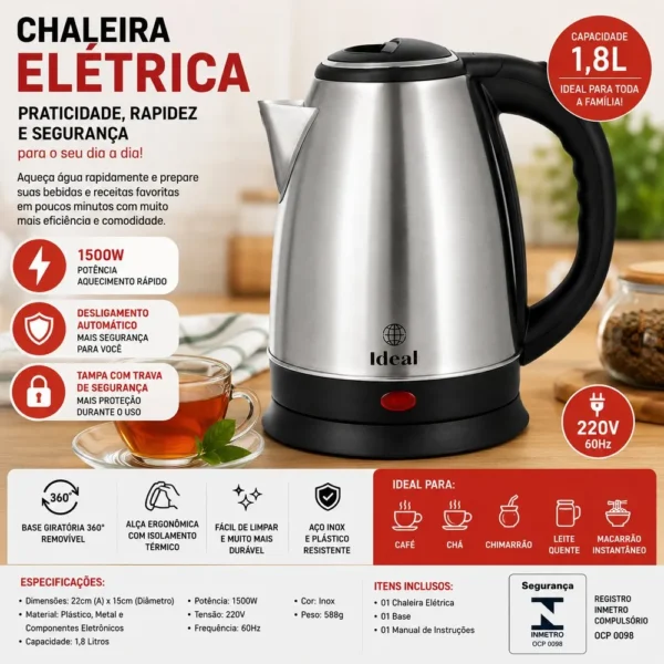 Chaleira Elétrica 1.8Lts 1500W 220V Inox - 2