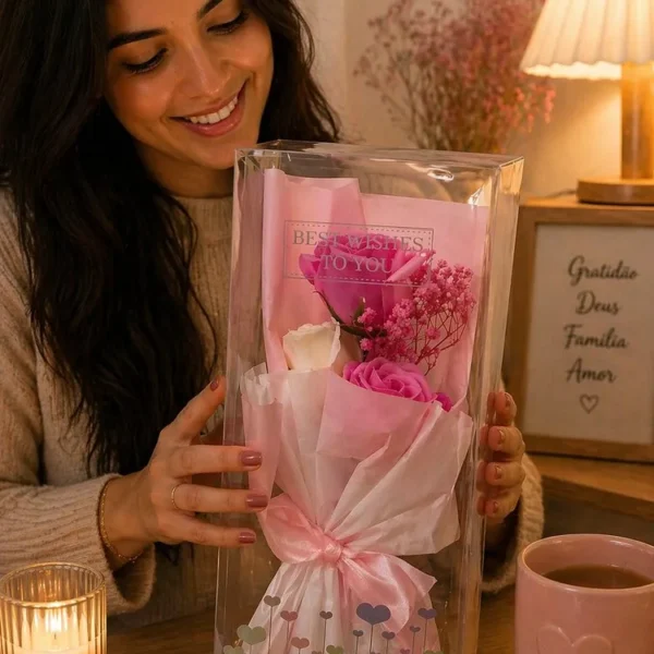IDL2262-1 Buquê Decorativo Rosa Com Caixa Transparente - Rosa