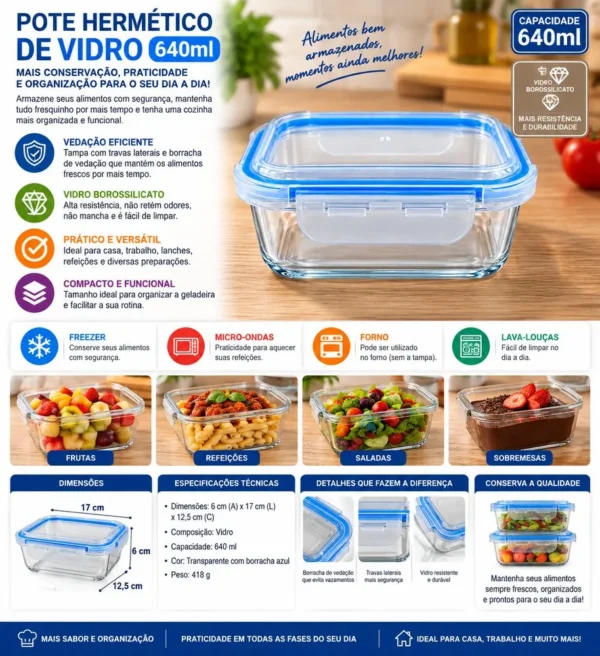PTE-006-1 Pote Hermético Retangular de Vidro 640ml