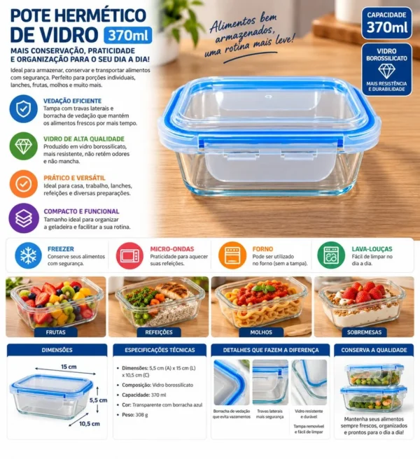 PTE-008-5 Pote Hermético Retangular de Vidro 370ml - 5