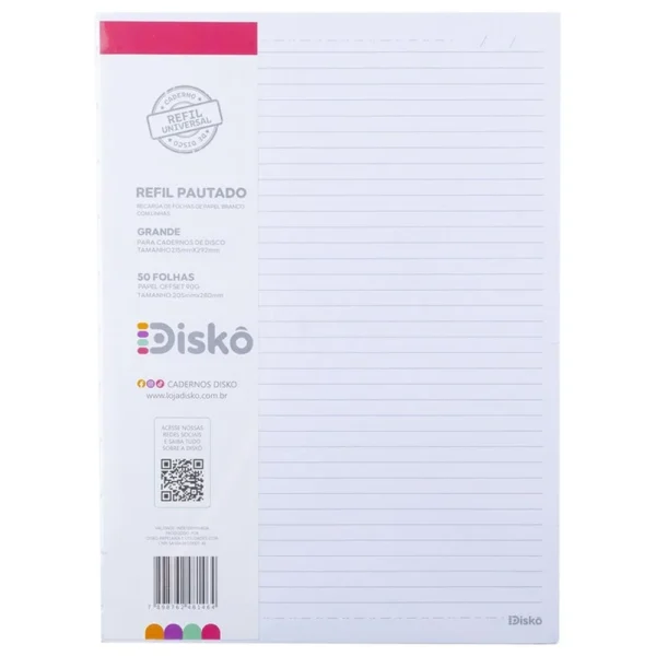 RF21C062-1 Refil Disko 50 Folhas Pautadas Grande G Caderno Disco Reposicionável Escolar