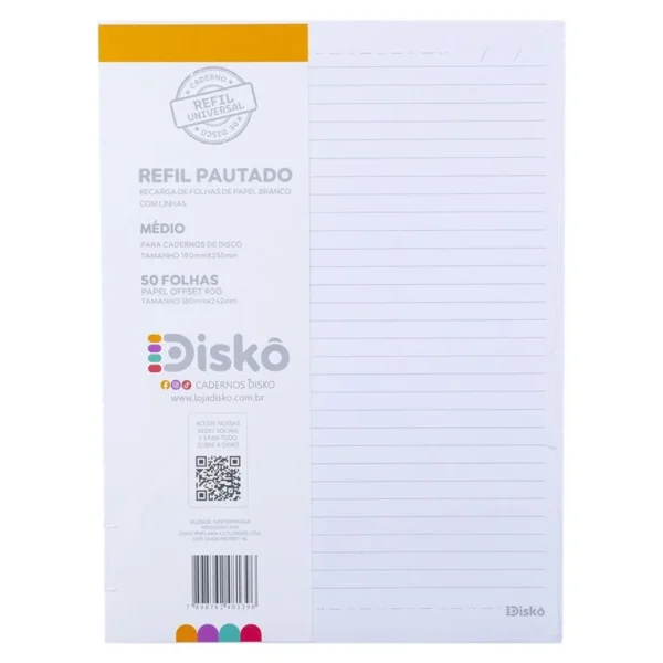 RF22C062-1 Refil Disko 50 Folhas Pautadas Médio Caderno Disco Reposicionável Escolar