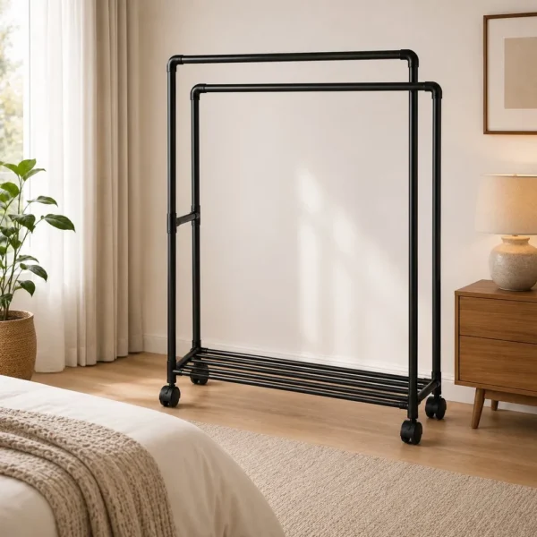 TRC0527-1 Arara para Roupas Dupla Fixa com Prateleira e Rodízios - Preto