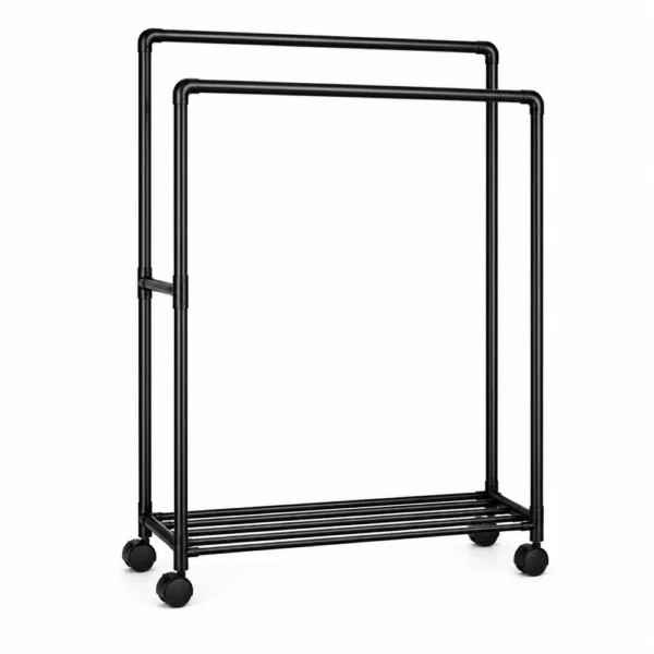 Arara para Roupas Dupla Fixa com Prateleira e Rodízios - Preto - 2