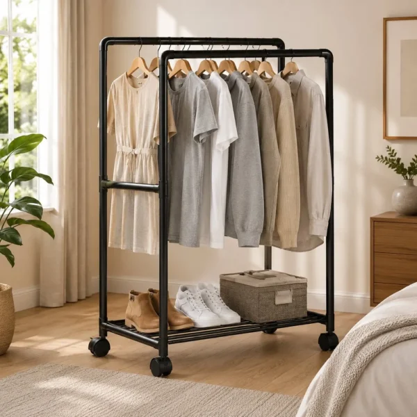 Arara para Roupas Dupla Fixa com Prateleira e Rodízios - Preto - 3