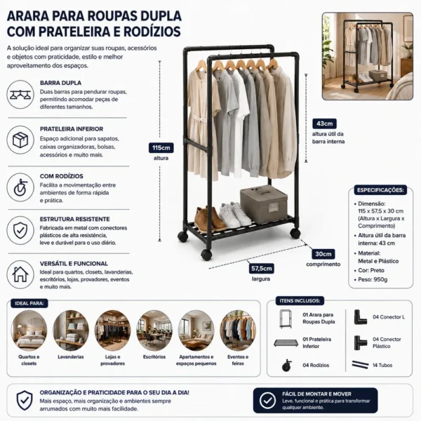 Arara para Roupas Dupla Fixa com Prateleira e Rodízios - Preto - 4