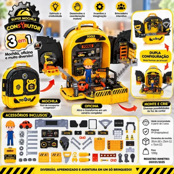 Super Mochila Construtor 3 em 1 com Ferramentas e Acessórios - 5