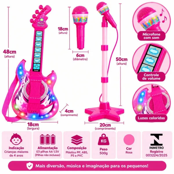 Guitarra Infantil 50cm com Microfone e Pedestal Karaokê MP3 - Rosa