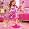Guitarra Infantil 50cm com Microfone e Pedestal Karaokê MP3 - Rosa - 3