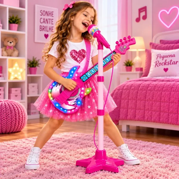 Guitarra Infantil 50cm com Microfone e Pedestal Karaokê MP3 - Rosa - 3