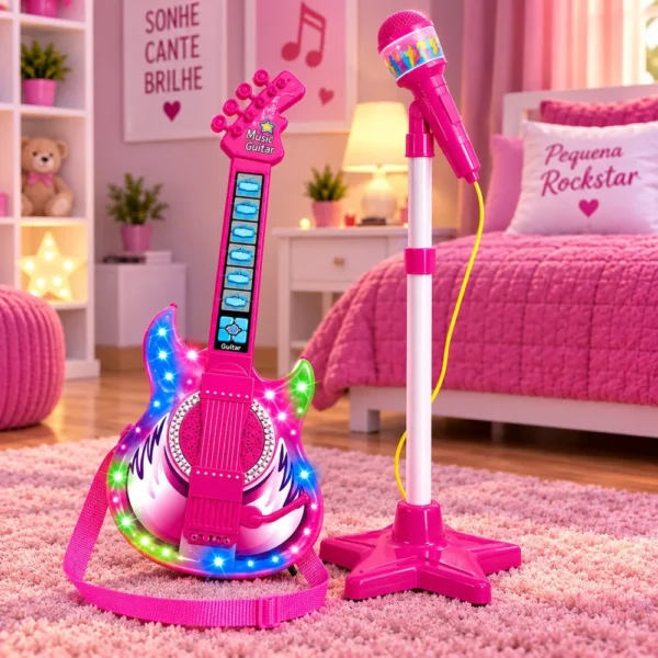 Guitarra Infantil 50cm com Microfone e Pedestal Karaokê MP3 - Rosa - 4