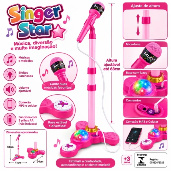 TUD0685-2 Microfone Infantil com Pedestal Karaokê MP3 - Rosa - 2