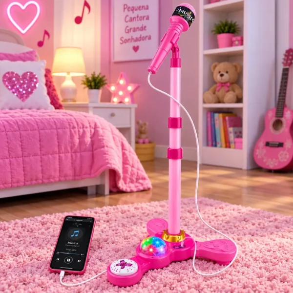 Microfone Infantil com Pedestal Karaokê MP3 - Rosa - 4