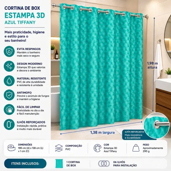 Cortina de Box Estampa 3D com Ilhós 1,38m x 1,98m - Azul Tiffany - 5