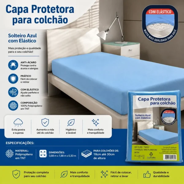 Capa Protetor Colchão Solteiro com Elástico - Azul - 4