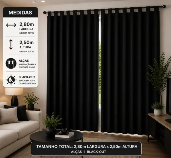 Cortina Black- out com Ilhós 280x250cm - Preto