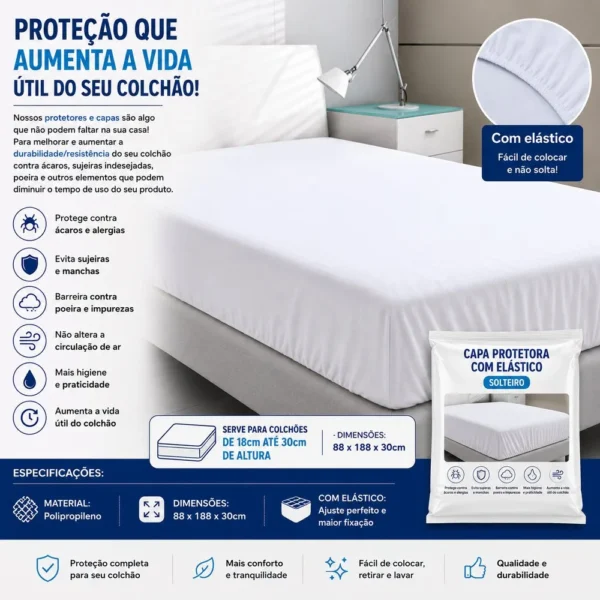 Capa Protetora de Colchão Solteiro com Elástico - Branco - 4