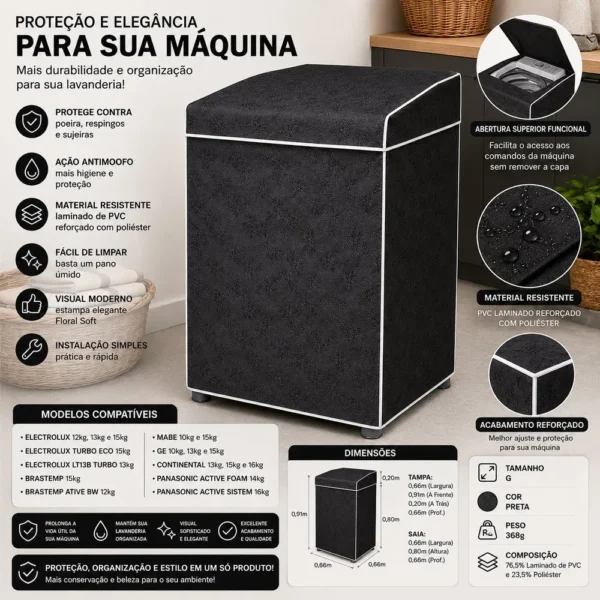 VP-3274-1 Capa de Maquina de Lavar PVC Forrada com Tampa G - Preta