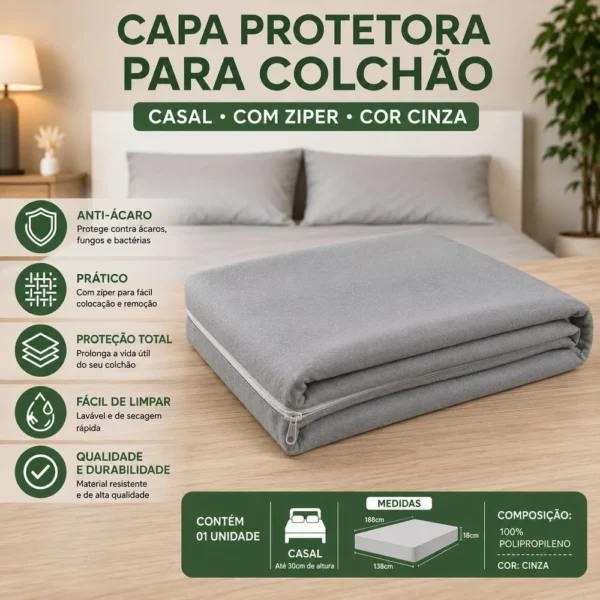 VP-3527-2 Capa Protetora Colchão Casal com Ziper - Cinza - 2