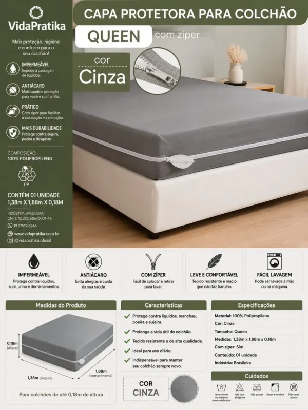 Capa Protetora para Colchão Queen com Ziper - Cinza