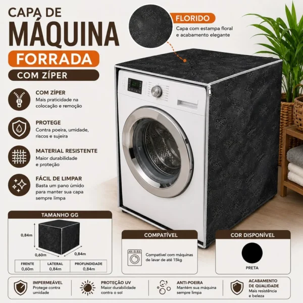 Capa Maquina de Lavar Abertura Transparente Frontal com Ziper GG - Preta