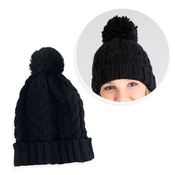 Touca De Frio Com Pompom Preta Gorro De Lã Tricot Inverno - 2