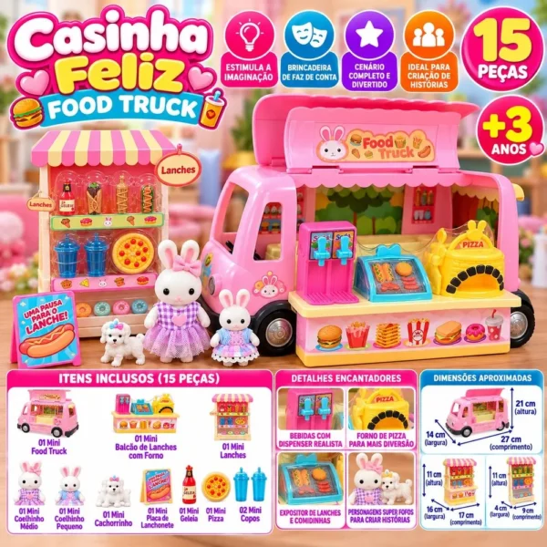 Casinha Feliz Food Truck, Personagens Coelhinhos, Cachorrinho e Acessórios Para Montar o Cenário De Lanchonete – Multicolorido