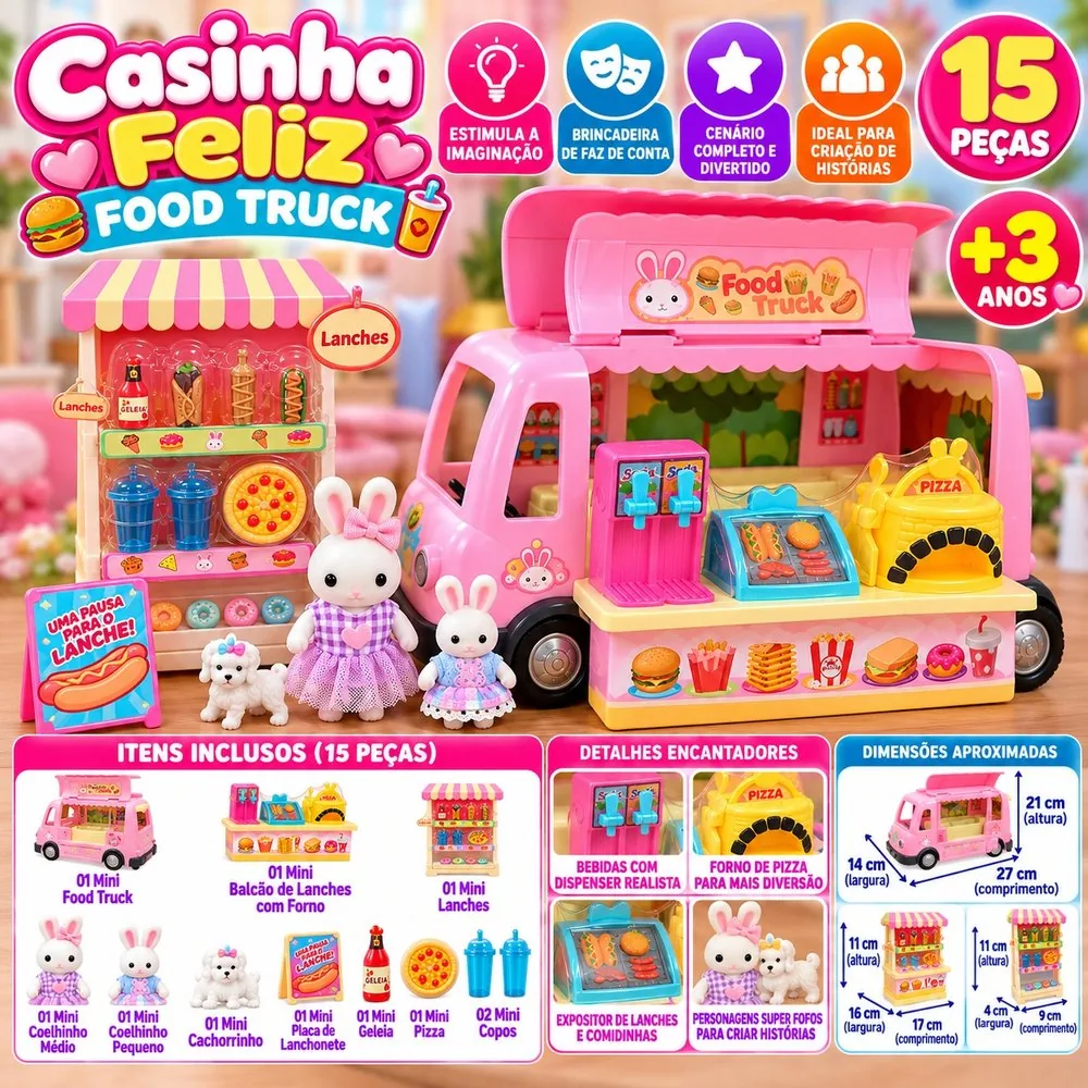 Casinha Feliz Food Truck, Personagens Coelhinhos, Cachorrinho e Acessórios Para Montar o Cenário De Lanchonete – Multicolorido