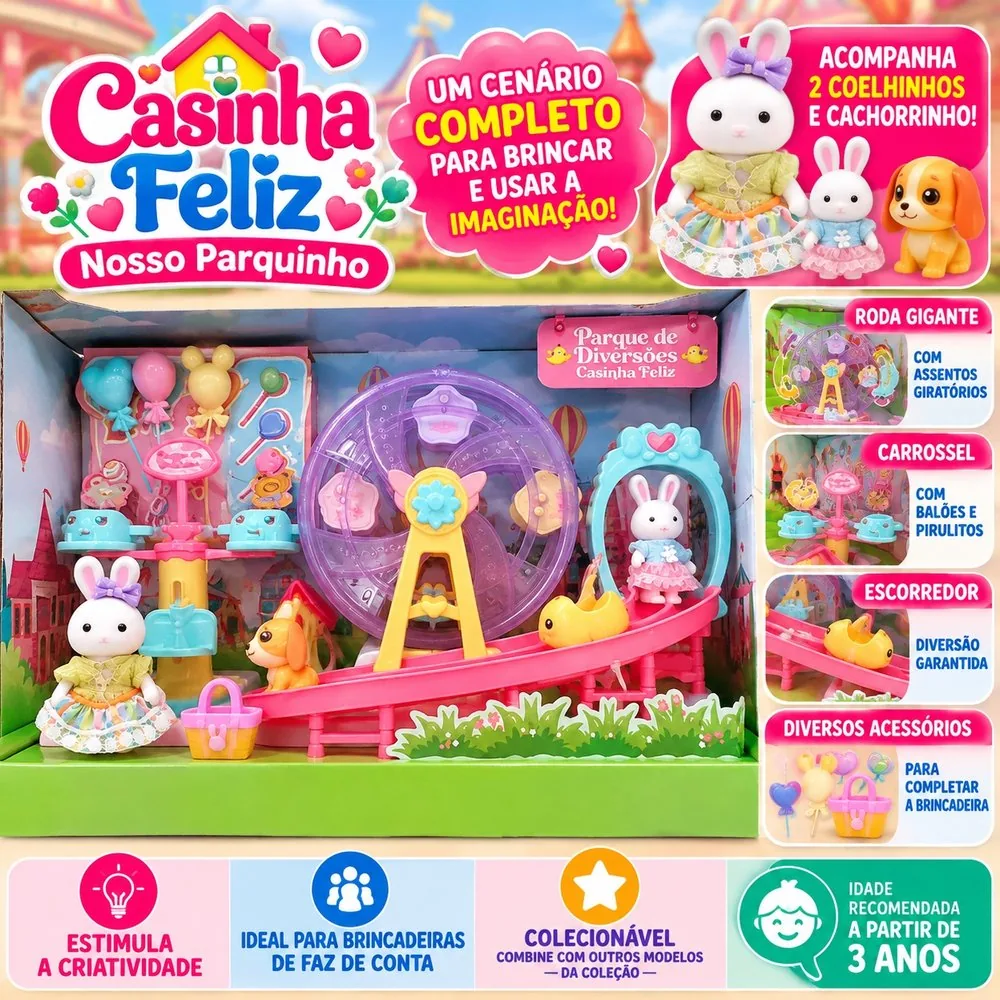 ZP01369-1 Casinha Feliz Nosso Parquinho Roda Gigante Cachorro Escorredor Coelhinho Cesta Carrossel Balões Pirulitos Brinquedo- Multicolorido