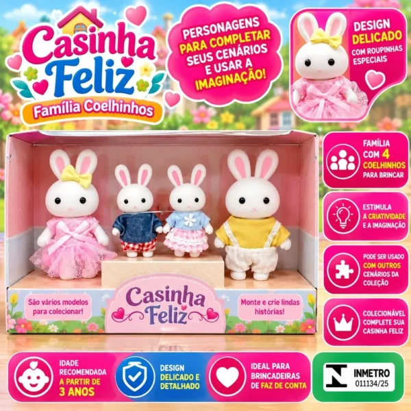 ZP01377-2 Brinquedo Família Casinha Coelhinhos Feliz Com Personagens e Roupinha - Multicolorido