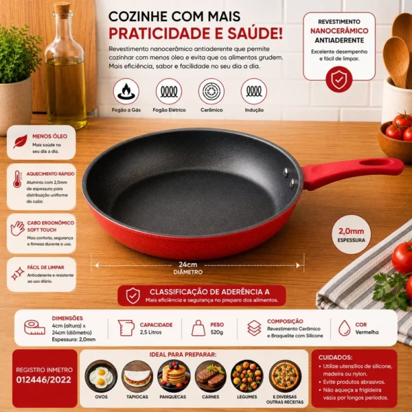 a1002.f03-1 Frigideira Revestimento Nanocerâmico 24cm - Vermelha