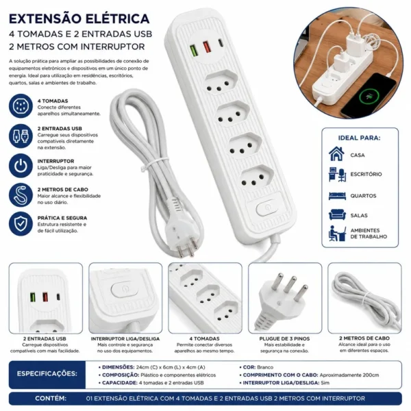 bz-w104pd-1 Extensão Elétrica com 4 Tomadas e 2 Entradas USB 2 Metros - Branco