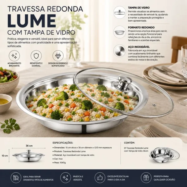 Travessa Redonda com Tampa de Vidro 36cm de Inox