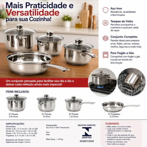 Conjunto Panelas com Tampa 7 Peças - Inox