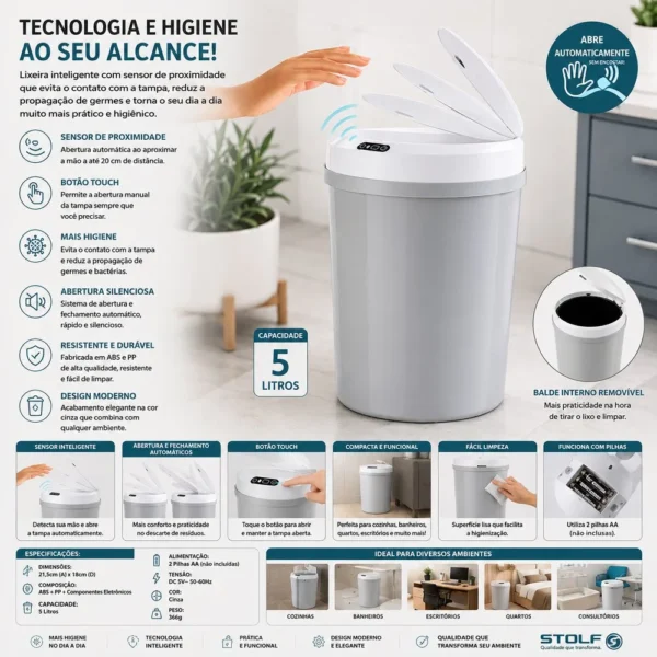 Lixeira Redonda com Sensor de Proximidade 5 Litros - Cinza