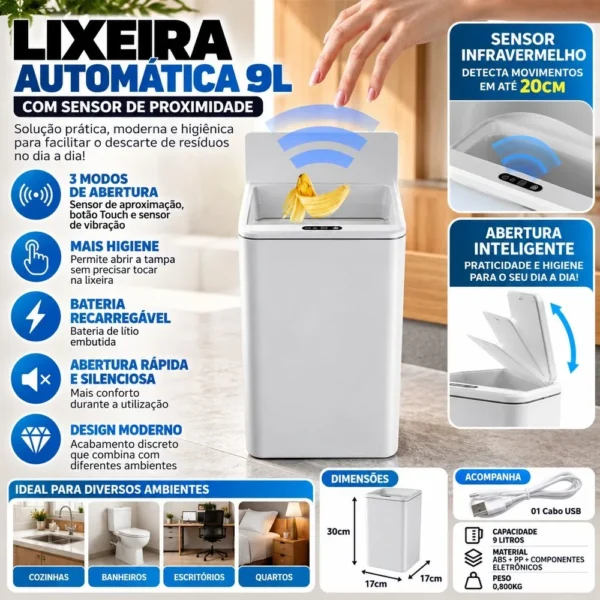 Lixeira Quadrada Recarregável USB Branca 9L Com Sensor De Proximidade 17x17x30cm 5V - 4