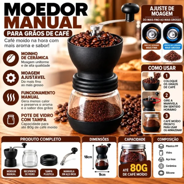 Moedor manual Recipiente de vidro Tampa plástica Manivela em aço inox- Preto - 5