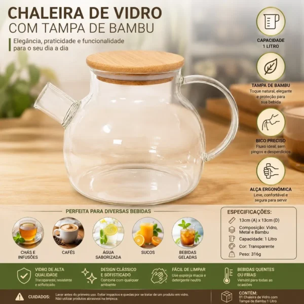 idl2209-1 Chaleira de Vidro com Tampa de Bambu 1 Litro