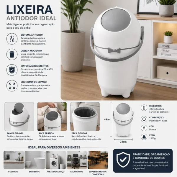 Lixeira Antiodor com Tampa Giravel 10 Litros - Branca - 4
