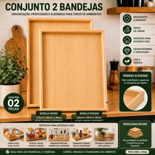 Conjunto 2 Bandejas Retangulares Madeira