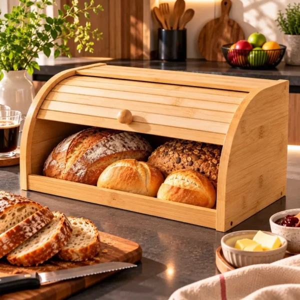 trc1372-1 Porta Pães de Bambu com Tampa Retrátil Bambu