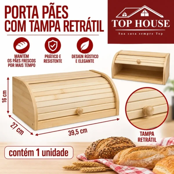 trc1372-3 Porta Pães de Bambu com Tampa Retrátil Bambu - 3