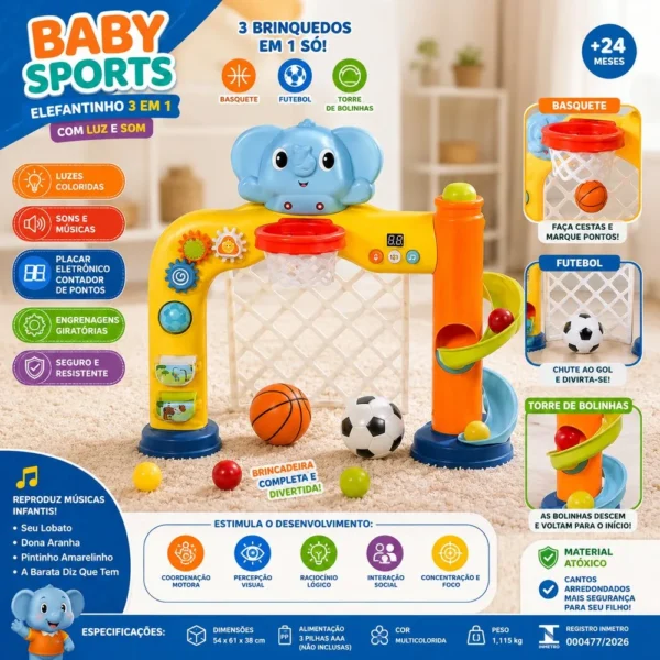 tud0784-1 Brinquedo Baby Sports Elefantinho 3 Em 1 Com Luz E Som